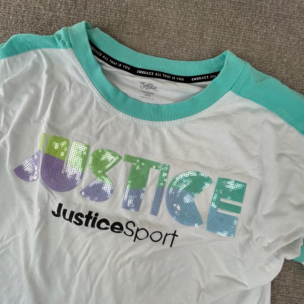 Justice Sport Embrace All That Is You T Shirt Womans White Striped Sequin Cotton